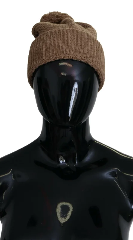 Dolce & Gabbana Elegant Camel Knit Beanie with Fur Women's Accent