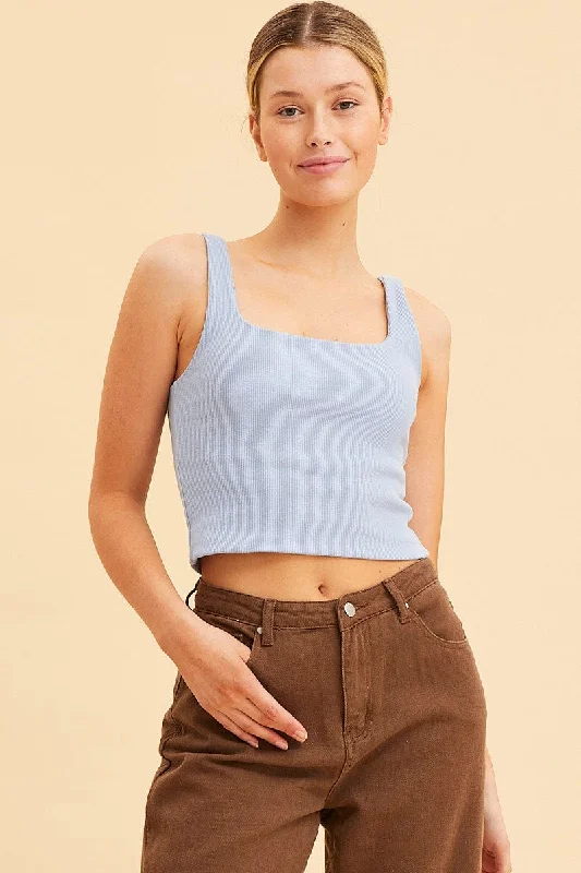 Blue Crop Tank Square Neck Cotton Blend Rib