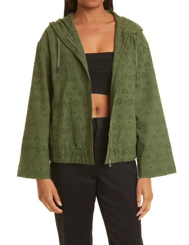 Long Sleeve Eyelet Hooded Jacket in Guacamole