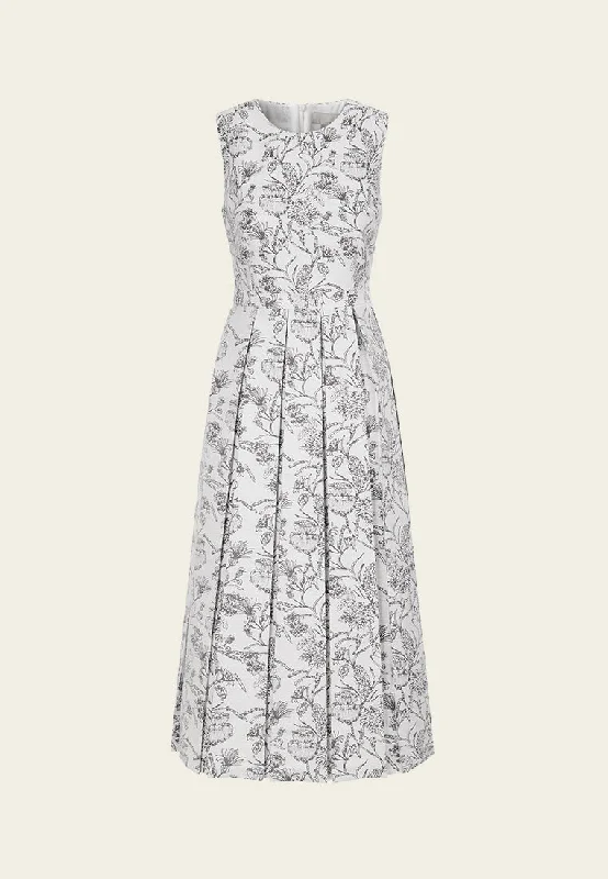 Pleated-detail Floral Jacquard Sleeveless Dress