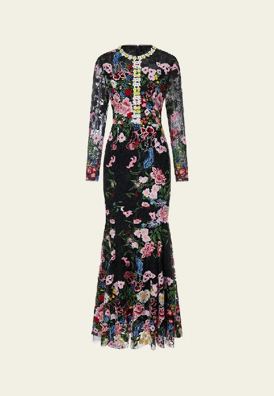 Slim-fit Fishtail Floral Embroidered Mesh Dress