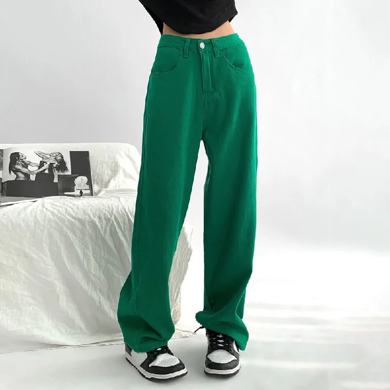 Amy Fashion - Green Baggy Waist Wide Leg Jeans Straight Denim Pants