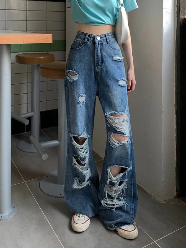 Amy Fashion - Loose Ripped Wide-leg Jeans Thin Women's Trousers