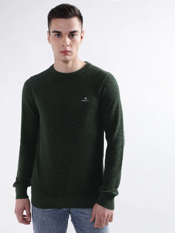 Gant Men Green Solid Round Neck Sweater