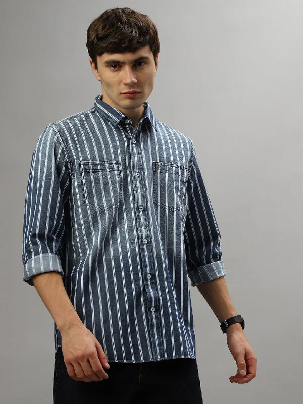 Iconic Blue Fashion Striped Regular Fit Shirt