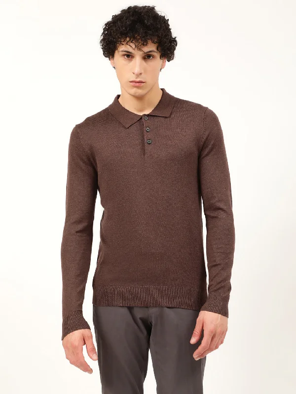 Lindbergh Men Brown Solid Round Neck Sweater