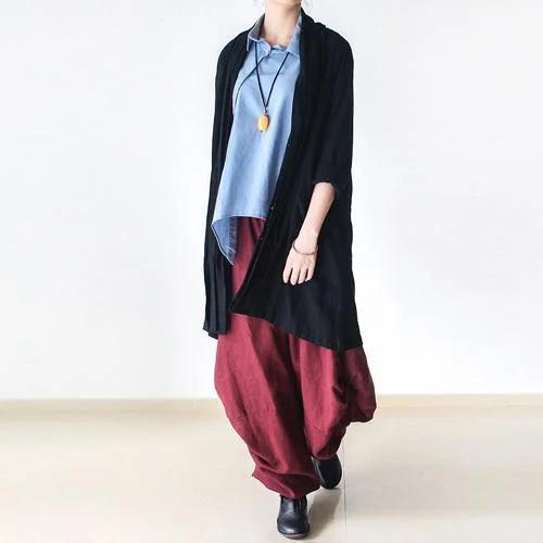 Black plus size linen cardigan women asymmetrical long sleeve coat outwear