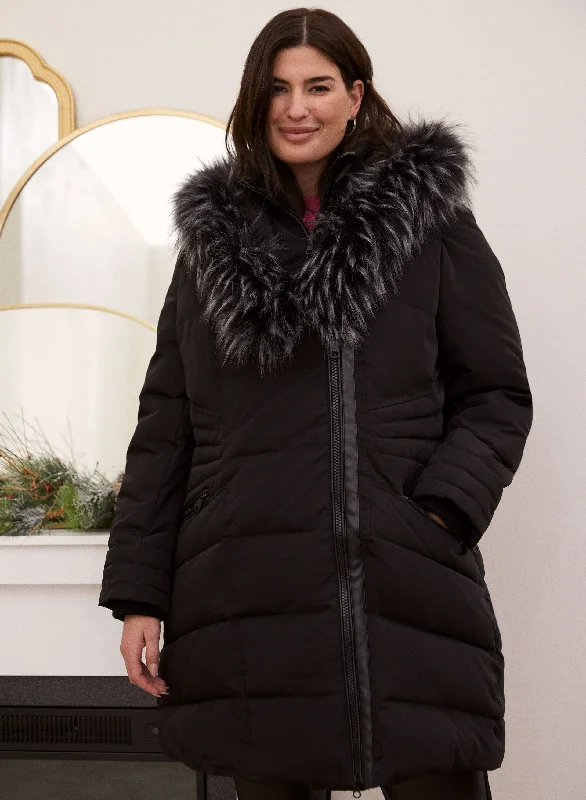 Faux Fur Trim Asymmetrical Coat