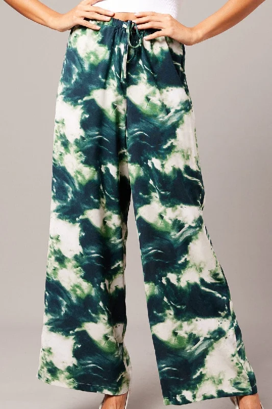 Green Abstract Wide Leg Pants Mid Rise