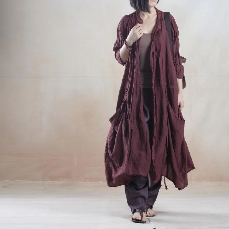 My dream - burgundy baggy long summer cardigan linen maxi coat linen sundress Unique design