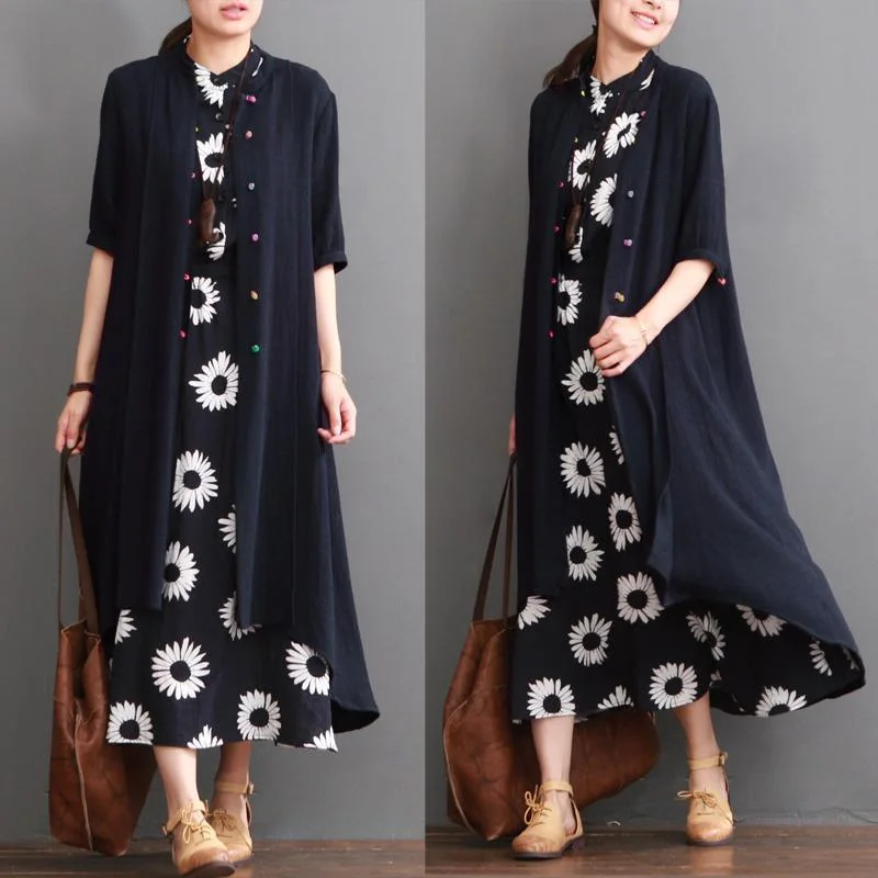 Navy short sleeve linen cardigan slim maxi coat linen women summer