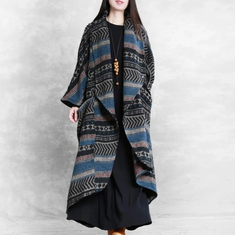 New blue striped Woolen Coats Women trendy plus size fall outwear Batwing Sleeve patchwork