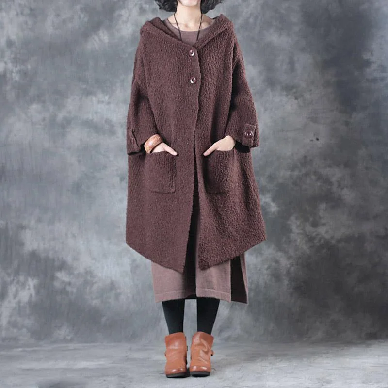 new casual burgundy hooded casual knit winter outwear plus size tie waist sweater coat