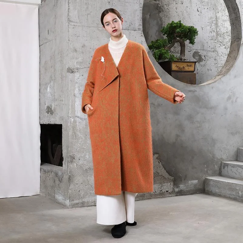 New Orange Woolen Outwear Plus Size Clothing Maxi Coat V-Neck Pockets Coats