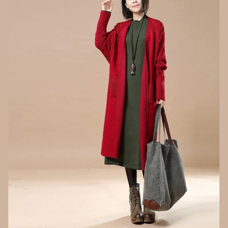 New red woolen sweater cardigans  maxi coat oversize coats vintage long coats