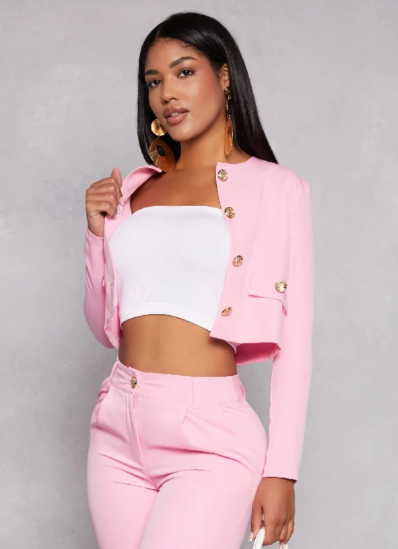 Crepe Knit  Button Front Cropped Blazer