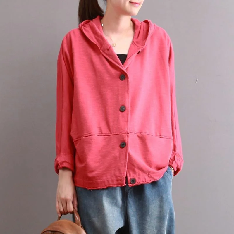 red casual solid cotton cardigans plus size long sleeve short outwear