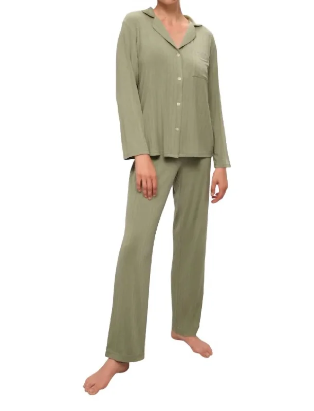 Ribbed Soft Long Pajama Set In Green