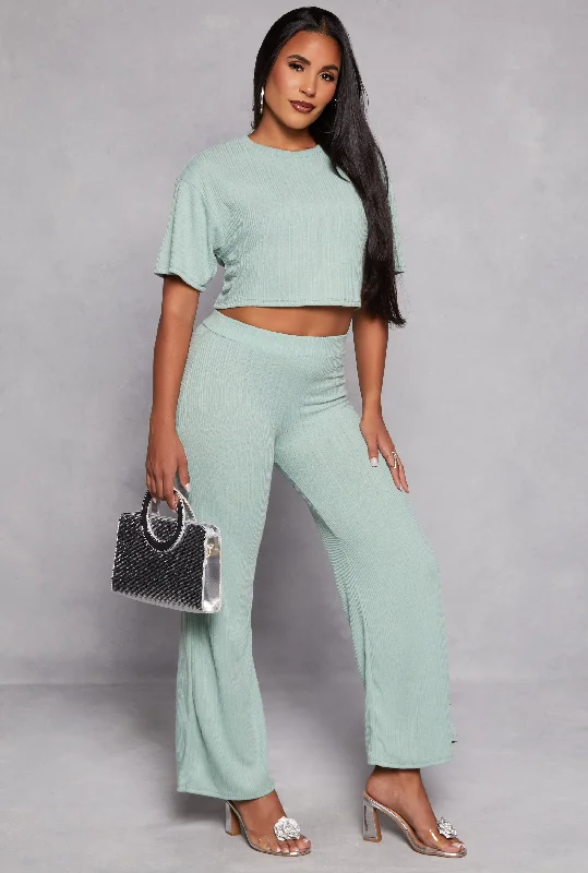 Ribbed Knit High Waist Wide Leg Pants