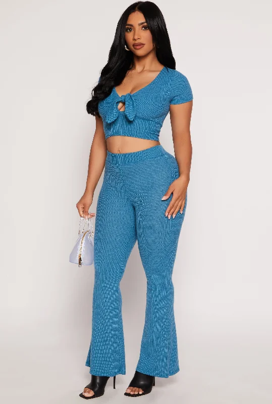 Waffle Knit High Waist Flare Pants