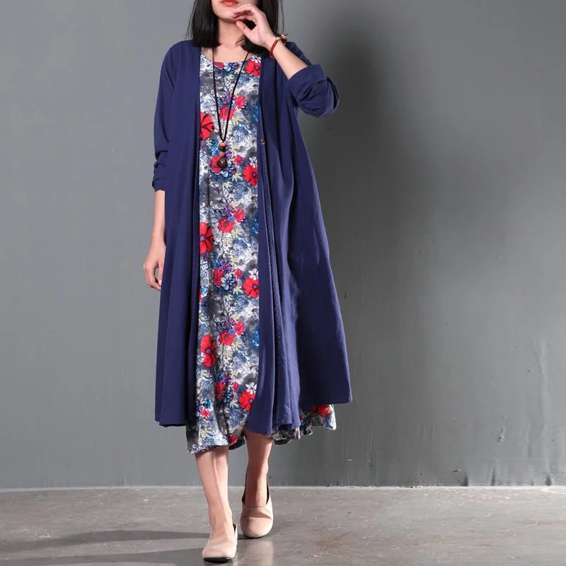 Two pieces Navy coat cardigan and floral sundress summer linen clothing