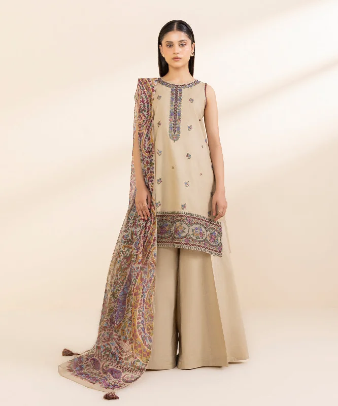 3 Piece - Embroidered Cotton Satin Suit