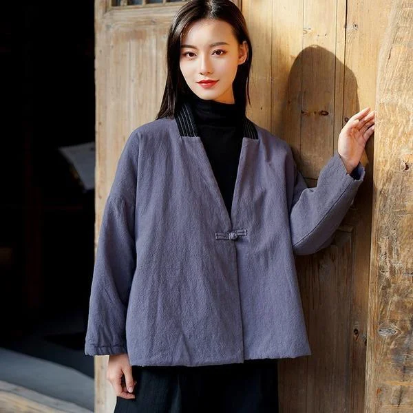 V-neck Thick Coat Loose Retro Solid Color Long Sleeve All-match Coats