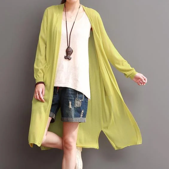 Yellow thin linen maxi coat summer cotton cardigans